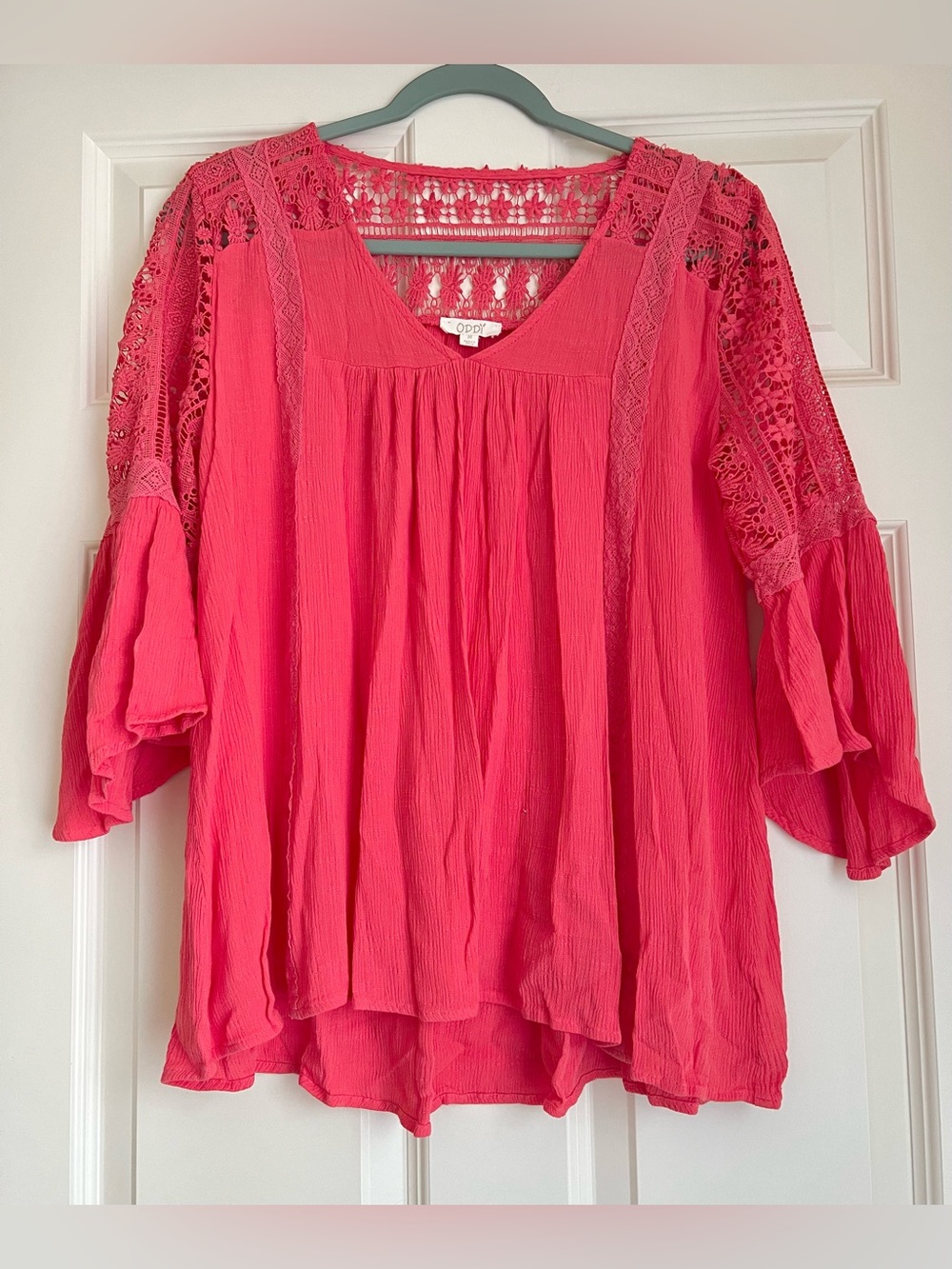 ODDY Coral Pink Crochet-Sleeve Boho Blouse